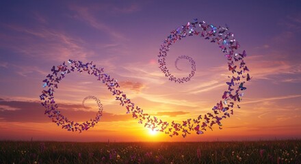 Fototapeta premium Two spirals of vibrant purple and pink butterflies dance against a breathtaking sunset over a field of wildflowers, creating a captivating and inspirational image of natural beauty and...