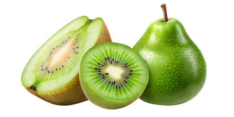 A green pear and two halves of a kiwi fruit are placed together isolated on transparent background