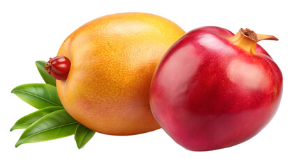 Two pomegranates, one yellow and one red, are placed together isolated on transparent background