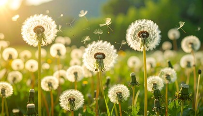 A field of dandelions in the warm sunlight, showcasing fluffy seed heads blowing gently in the breeze.