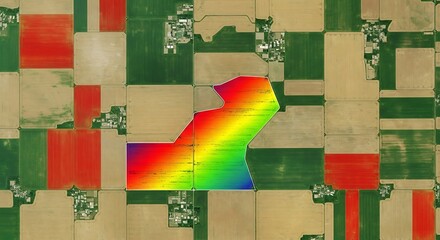 Aerial satellite view of agricultural fields with a colorful data visualization overlay indicating precision farming analysis and land management.
