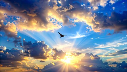 A breathtaking sunset sky, filled with fluffy clouds and a solitary bird soaring through the golden light.