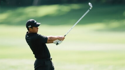 A man swings a golf club on a lush green field, showing a dynamic moment of sports.