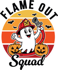 Flame Out Crew Ghost Firefighter Halloween with pumpkins and bats, vector illustration for t-shirts, mugs, posters, crafts, and digital downloads.