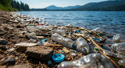 Obraz premium Plastic Pollution on Lake Shore: Environmental Problem, Bottles, Water.