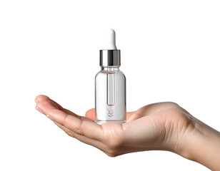 Hand Holding Glass Dropper Bottle with Pipette Isolated on Transparent Background