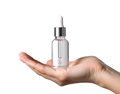 Hand Holding Glass Dropper Bottle with Pipette Isolated on Transparent Background