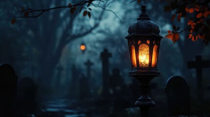 A dimly lit graveyard with an old lantern illuminating the tombstones on a foggy night scene view