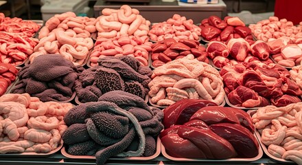 Fototapeta premium Assorted Fresh Animal Organs Displayed at Market Stall in Warm Lighting