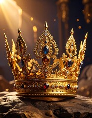 A magnificent golden crown, adorned with precious gems, rests on a dark stone surface, bathed in warm light.