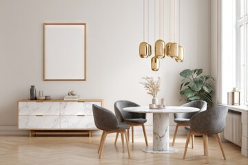 Modern dining room interior with a round marble table.
