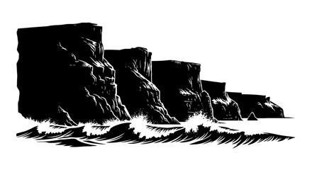 dramatic ocean waves crashing against dark cliffs, monochrome seascape, coastal rock formations, powerful nature illustration