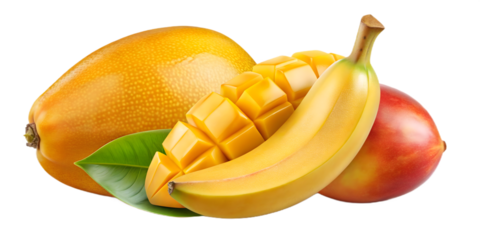 Tropical fruit mix of mango, papaya, and banana isolated on transparent background, a vibrant and healthy choice