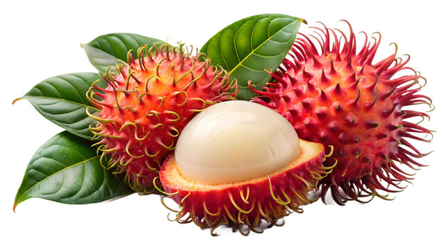 Fresh rambutan fruits with green leaves isolated on transparent background for healthy eating