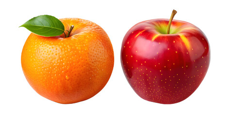 Fresh orange and red apple isolated on transparent background for healthy eating and nutrition