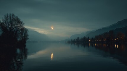 Crescent Moon Over Tranquil Lake at Dusk with Reflections and Misty Mountains