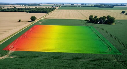 Aerial view of precision agriculture technology, showcasing an automated sensor data map analyzing crop health on a green field