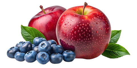 Two red apples with water droplets and a pile of blueberries isolated on transparent background