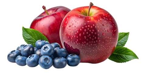 Two red apples with water droplets and a pile of blueberries isolated on transparent background