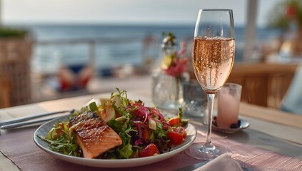 Gourmet salmon salad with glass of rosé wine by the sea