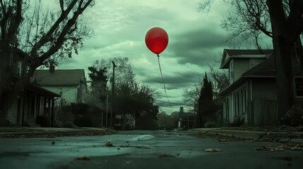 A red balloon floats ominously over a deserted street lined with houses and bare trees on a cloudy day