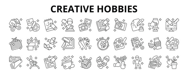 30 Creative Hobbies Line Icons Vector - Sketching, Sculpting, Photography, Calligraphy, Knitting, Origami, Sewing, Digital Art