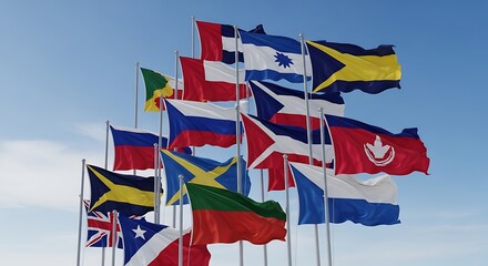 Collection of International Flags Flapping in Wind Against Blue Sky