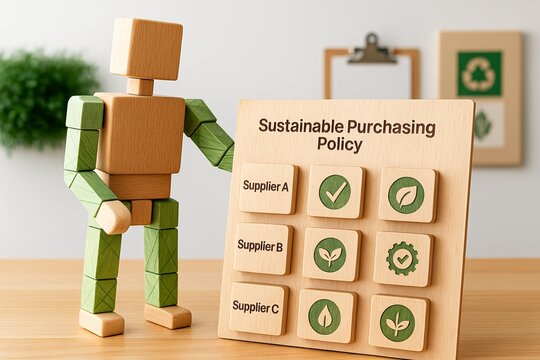 Sustainable purchasing policy concept. Wooden figure choosing an eco-friendly supplier based on environmental criteria, representing corporate social responsibility (CSR) and green procurement.