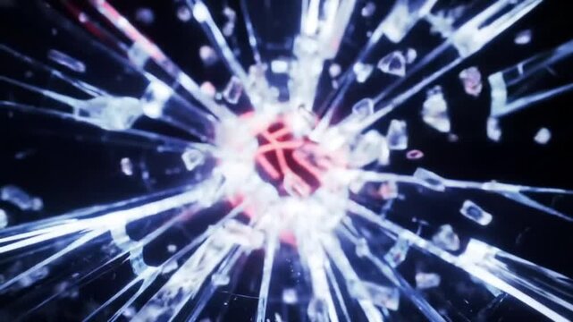 A glowing neon ball strikes a transparent pane, creating a radiant, fractal-like network of shimmering cracks before the final shatter