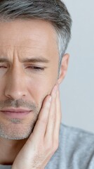 Obraz premium A man expresses discomfort while touching his face, indicating jaw pain in a calm indoor environment