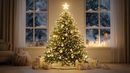 Fototapeta premium Cozy living room with festive decorated Christmas tree — sparkling star topper, warm ambient fairy lights, red-gold ornaments, soft bokeh, and neutral modern interior — elegant winter holiday home