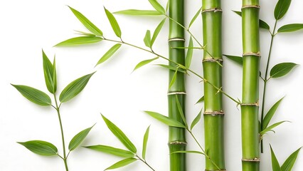 tall green bamboo stalks with slender leaves against white background