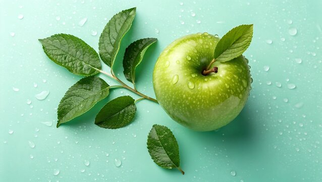 a fresh green apple with dew drops and leaves - Powered by Adobe