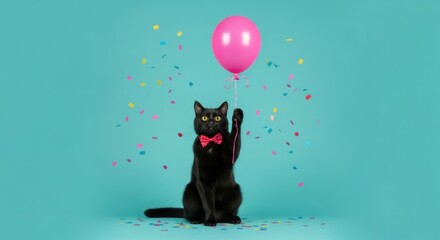 Charming black cat in a bow tie holding a pink balloon surrounded by colorful confetti for a festive celebration