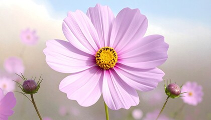 A delicate, light purple cosmos flower stands out against a soft, blurred background of other flowers, showcasing its intricate petals and vibrant yellow center.