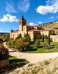 Fototapeta premium A sprawling, sun-drenched courtyard surrounds a historic monastery, showcasing architectural grandeur and tranquil autumnal foliage.
