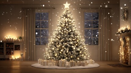 Fototapeta premium Cozy living room with festive decorated Christmas tree — sparkling star topper, warm ambient fairy lights, red-gold ornaments, soft bokeh, and neutral modern interior — elegant winter holiday home