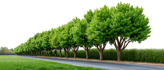 Lined Avenue: A row of vibrant green trees stand in perfect formation. The road, lush grass and greenery form an immersive outdoor nature scene, showcasing the beauty of the natural world.