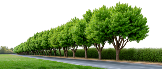 Lined Avenue: A row of vibrant green trees stand in perfect formation. The road, lush grass and greenery form an immersive outdoor nature scene, showcasing the beauty of the natural world.