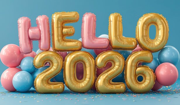 Colorful pastel metallic hello 2026 balloons on vibrant blue background, elegant festive celebration design with soft reflective shine