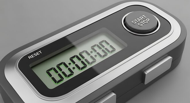 Digital Timer Stopwatch Device with Green Display and Black Stop Button on Gray Surface - Powered by Adobe