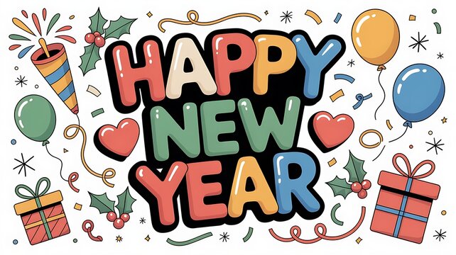 Festive Happy New Year Celebration with Balloons Confetti Gifts and Holly Colorful Hand Drawn Style Illustration for Holiday Greetings and Invitations - Powered by Adobe