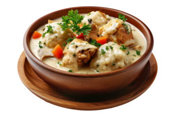 Chicken and dumplings soup with vegetables and herbs in black bowl, isolated on white transparent background, concept of homemade comfort food