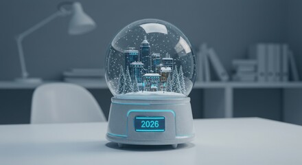 Futuristic Snow Globe with Cityscape and 2026 Display, Cool Tones