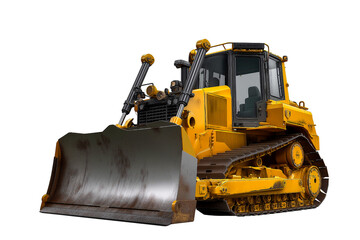 Bulldozer: A large and powerful yellow bulldozer, ready for heavy-duty tasks on a construction site, showcased in a professional, well-lit studio environment. 