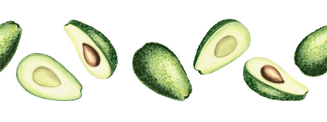 Avocado whole and cut for halfs watercolor seamless border. Isolated illustration for food and cosmetic desing. Hand drawn exotic tropical fruit Healthy eating concept. Frame of green vegetable plant
