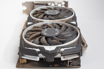 Old used dusty dirty video card on a service. Need to repair after mining