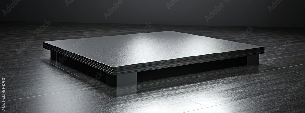 Poster metallic platform in gray studio presentation scene with geometric shape and reflective surface
