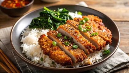 Fototapeta premium Crispy breaded pork cutlets served over a bed of rice with a side of sauteed spinach.