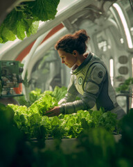 Female astronaut collects fresh vegetables in a futuristic space greenhouse, surrounded by life support systems and space equipment